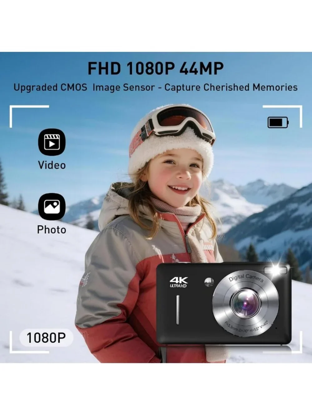 44MP FHD Point & Shoot Digital Camera, 16X Zoom, Anti-Shake, 32GB SD Card